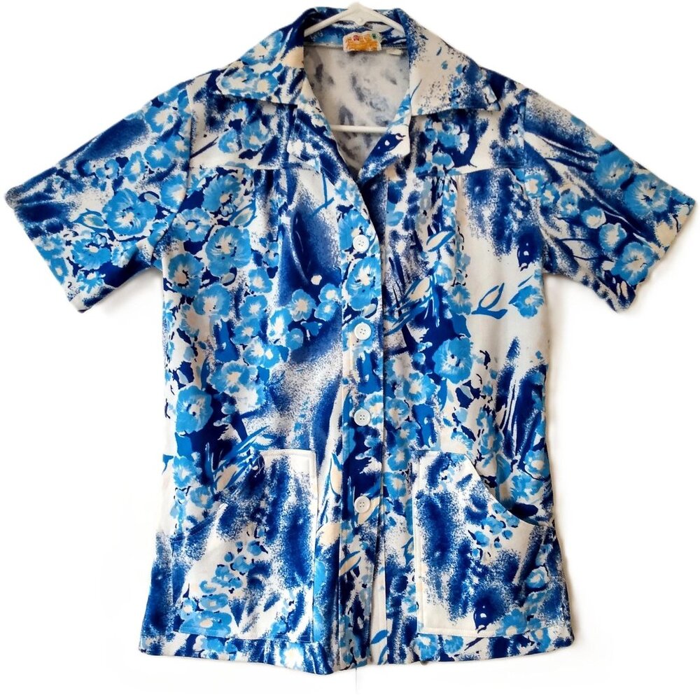 Vintage Hawaiian Floral Shirt Polyester Knit Medium Tropical Cabana Resortwear